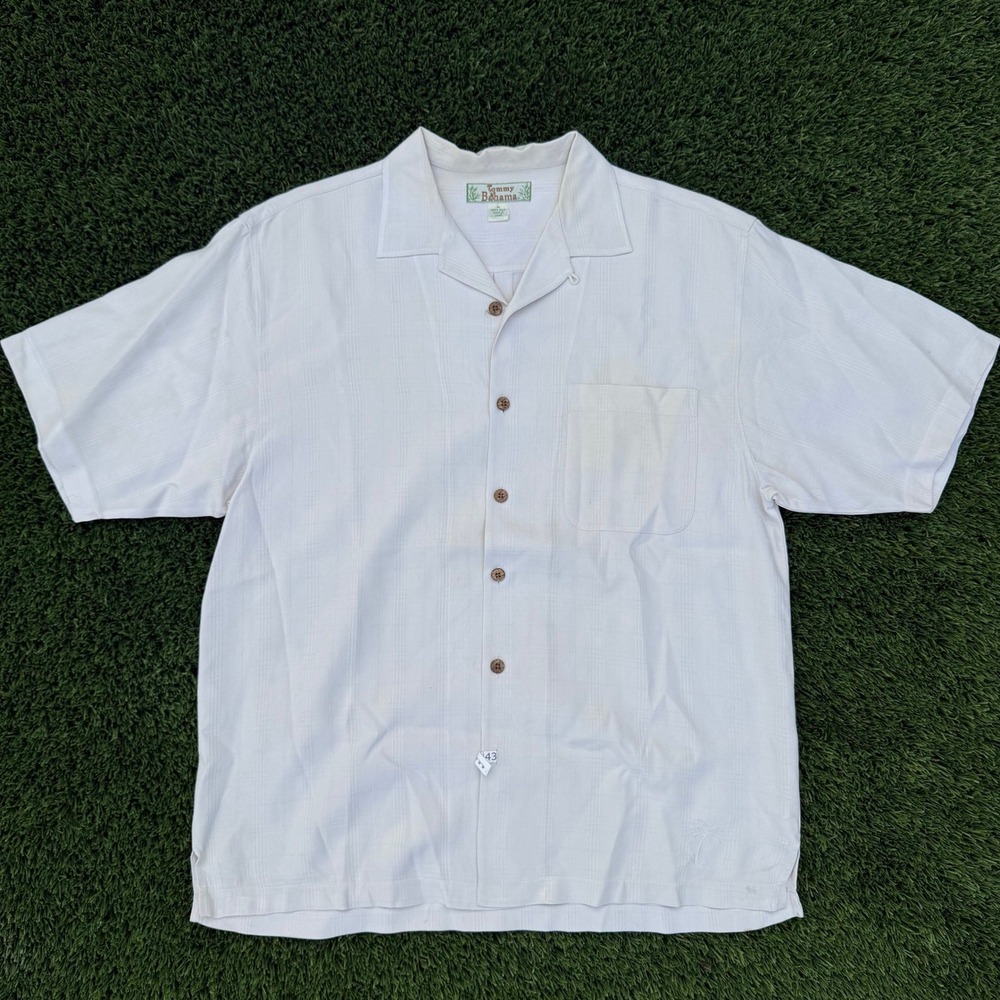 Vintage Tommy Bahama Mens Silk Short Sleeve Button Down Shirt Cream Plaid Size L